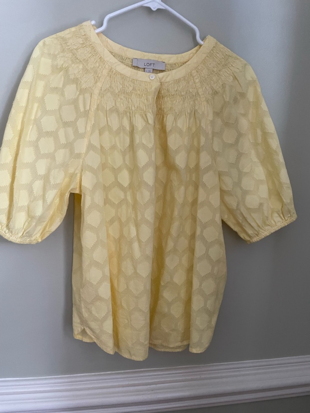LOFT Pale Yellow Smocked-Neck Puff Sleeve Blouse